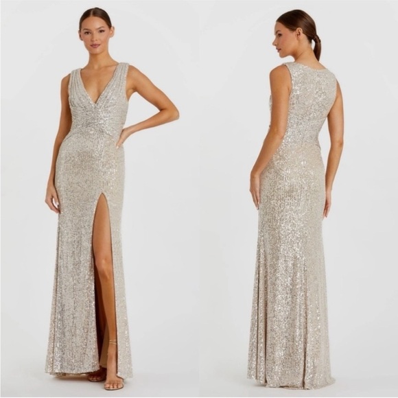 NWT Mac Duggal 26598 V-Neck Sequin Wrap Waist Gown Nude Silver Sz 6